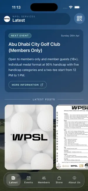 WPSL latest screen with next event and latest posts
