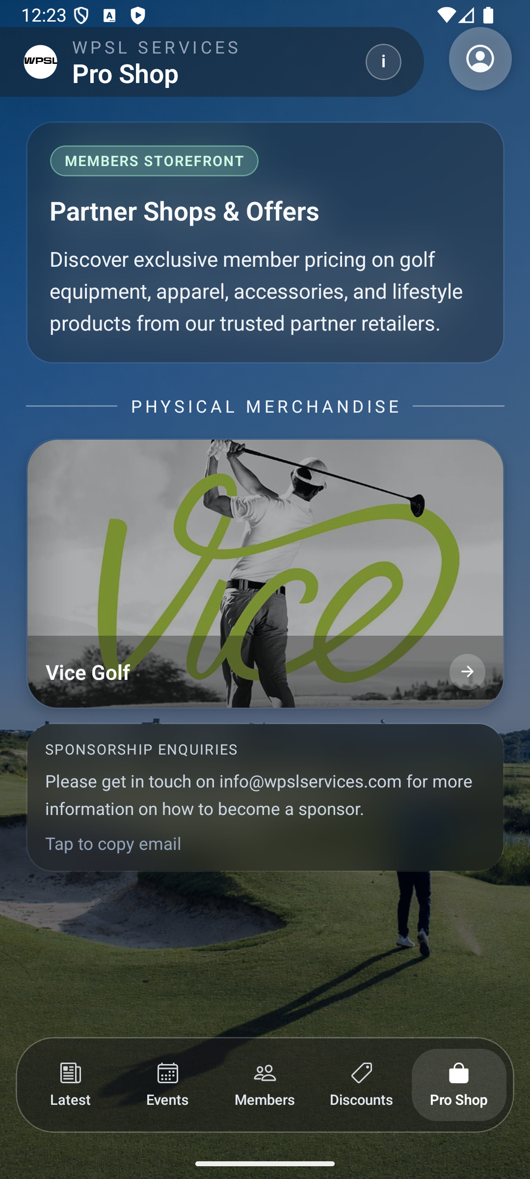 WPSL Services Pro Shop screen